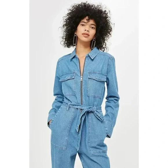 Topshop Zip-Up Belted Utility Denim Boiler Suit Blue Size 8 - Picture 7 of 13